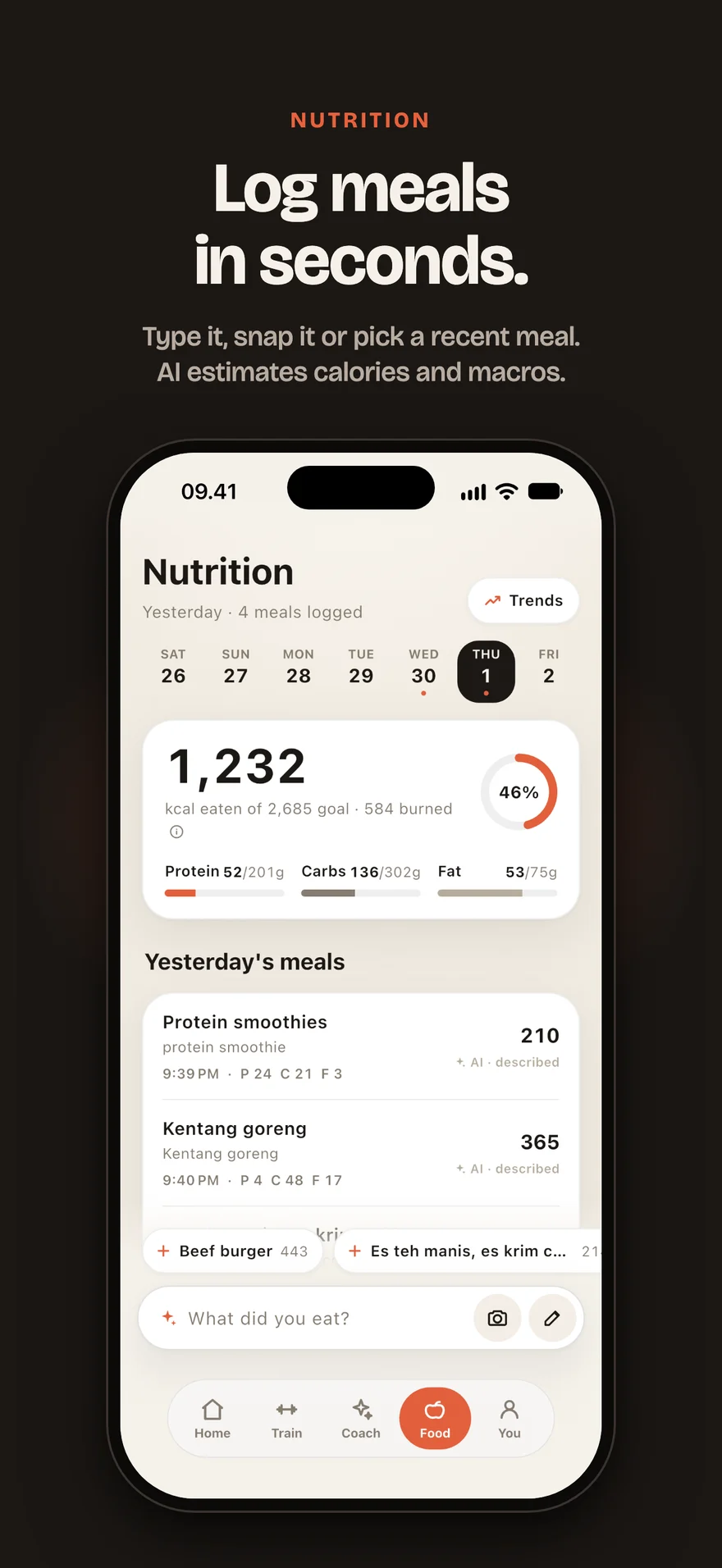 Log meals in seconds